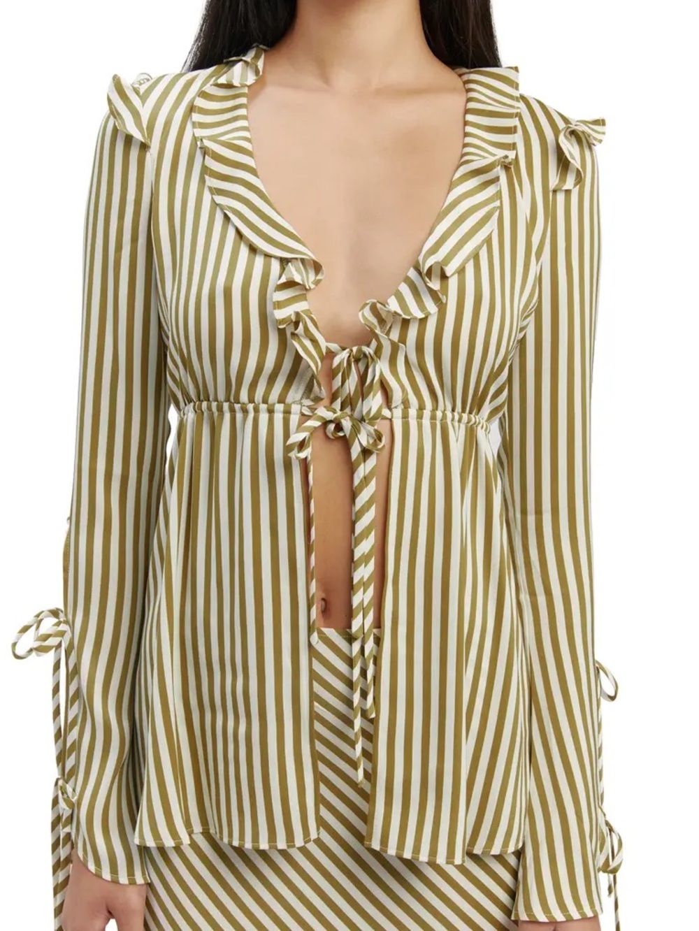 Bardot Olive and White Vertical Stripe Blouse